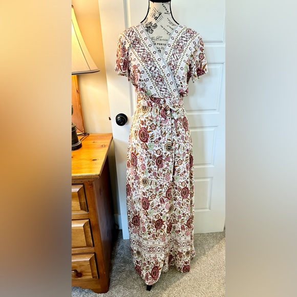 ECOWISH Wrap V Neck High Split Maxi Floral Boho Feminine Dress Women’s Small - Picture 3 of 15